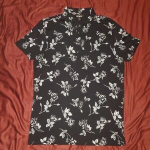 Express Black and White Floral Polo Shirt